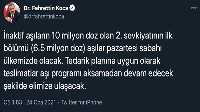 10 MİLYON DOZ AŞI PAZARTESİ ÜLKEMİZDE OLACAK