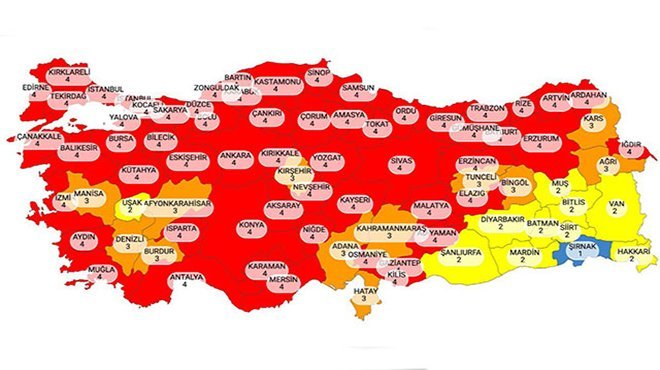 58 şehir, kırmızı kategoride yer aldı