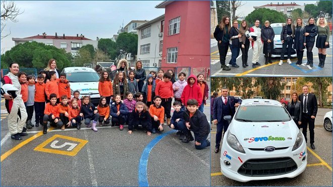 AGAH EFENDİ'DE RALLİCİLERDEN ÖĞRENCİLERE TRAFİK EĞİTİMİ
