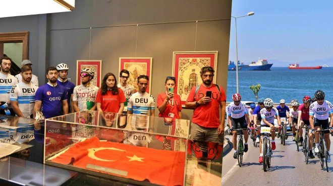Al Bayrağımızı bisikletle DEÜ Bayrakbilim Müzesine ulaştırdılar