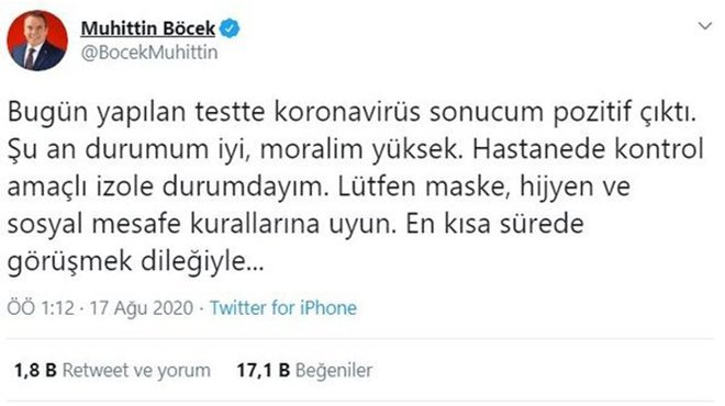 Antalya Büyükşehir Belediye Başkanı Böcek'in Kovid-19 testi pozitif çıktı