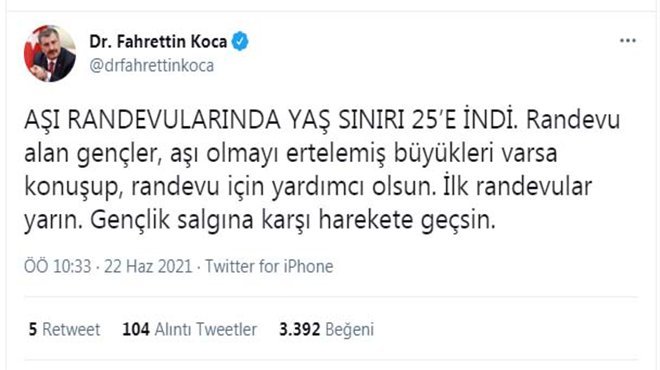 Aşı randevularında yaş sınırı 25'e indi