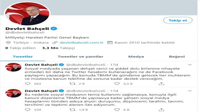 Bahçeli: Bir daha ne Twitter hesabımı kullanacağım ne de Facebook paylaşımı yapacağım 