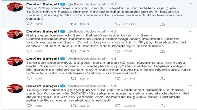 Bahçeli: İstifanın kabul edilmemesini memnuniyetle karşılıyoruz