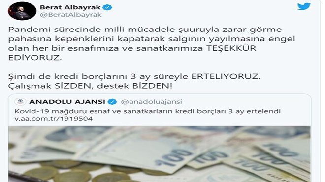 Bakan Albayrak: Esnafın kredi borçlarını 3 ay süreyle erteliyoruz