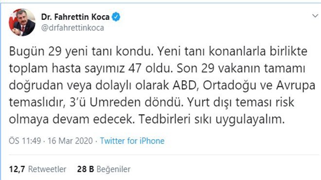 Bakan Koca: Yeni tanı konanlarla birlikte toplam hasta sayımız 47 oldu