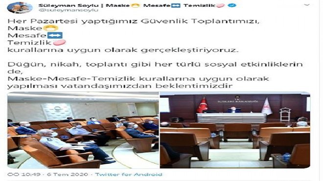 Bakan Soylu'dan, maske-mesafe-temizlik uyarısı