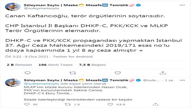Bakan Soylu: Kaftancıoğlu, DHKP-C ve PKK/KCK propagandasından ceza aldı