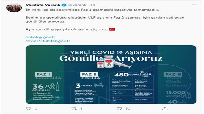 Bakan Varank: VLP aşısının Faz-2 aşaması için gönüllüler arıyoruz