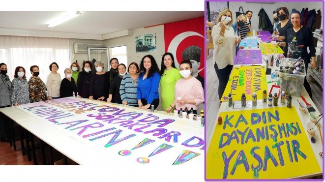 Balçovalı Kadınlar pankartlarını hazırlıyor
