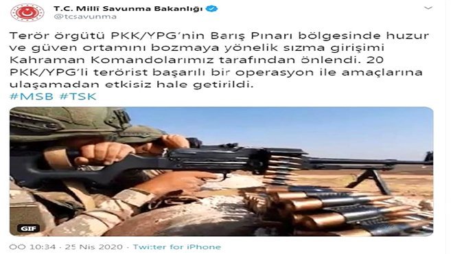Barış Pınarı Harekatı bölgesinde 20 terörist etkisiz hale getirildi