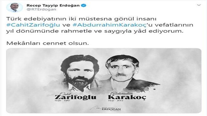 Cumhurbaşkanı Erdoğan şair Karakoç ve Zarifoğlu'nu andı