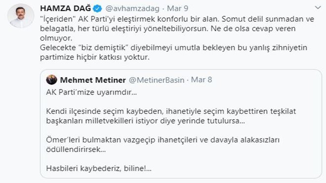Dağ'dan Eski Vekil Metiner'e sert tepki 