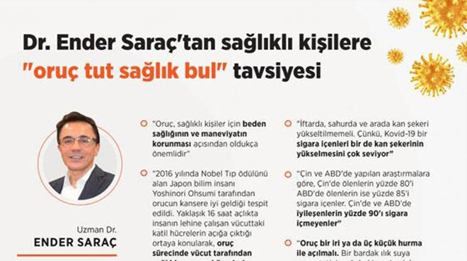 Dr. Ender Saraç'tan sağlıklı kişilere oruç tut sağlık bul tavsiyesi