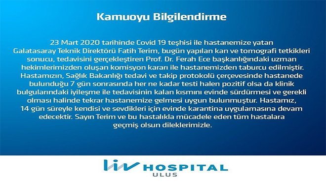 Fatih Terim, hastaneden taburcu oldu