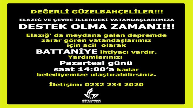 Güzelbahçe Belediyesi’inden Depremi İçin Yardım Çağrısı
