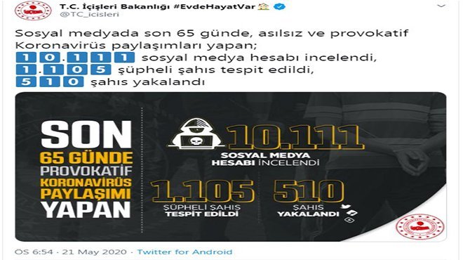 İçişleri Bakanlığı: Provakatif koronavirüs paylaşımı yapan 510 kişi yakalandı