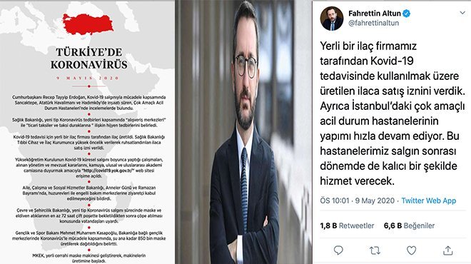 İletişim Başkanı Altun: Corona virüs tedavisi için yerli ilacın satışına izin verildi