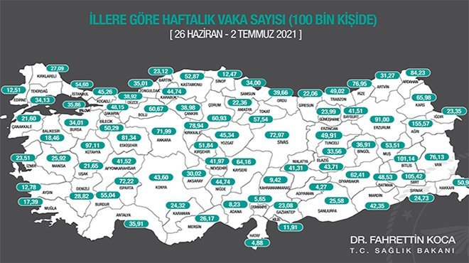 İllerin haftalık vaka sayısı haritası güncellendi