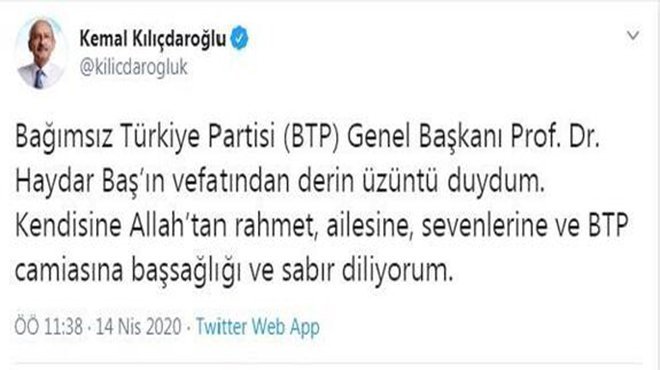 Kılıçdaroğlu'ndan BTP Genel Başkanı Baş için başsağlığı mesajı