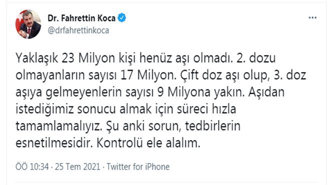 Koca: Yaklaşık 23 milyon kişi henüz aşı olmadı