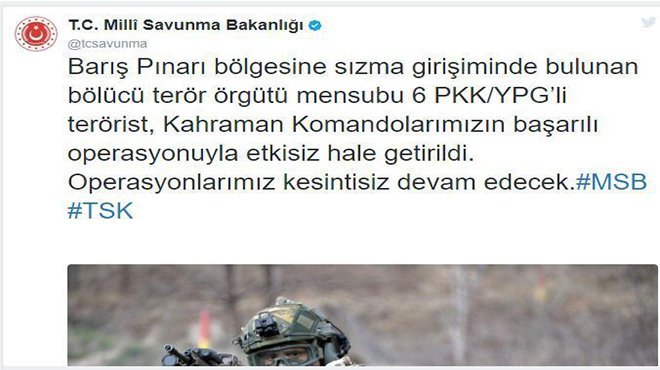 MSB: 6 PKK/YPG'li terörist etkisiz hale getirildi