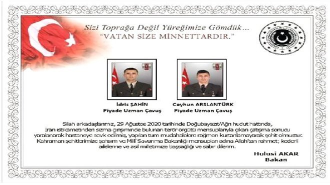 MSB: Ağrı'da 2 asker şehit oldu