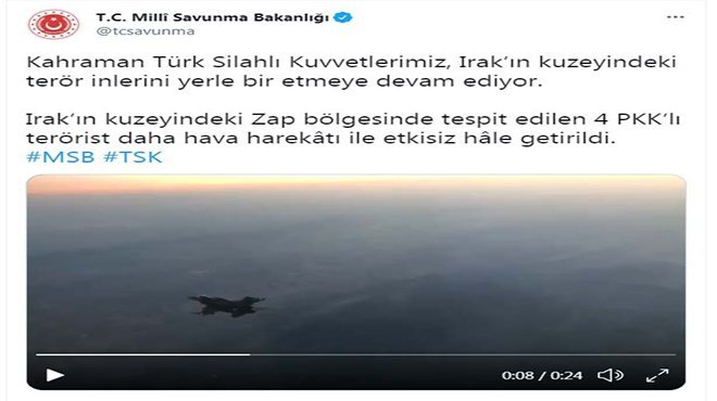 MSB: Irak'ın kuzeyinde 4 PKK'lı etkisiz hale getirildi