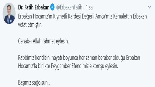 Necmettin Erbakan'ın kardeşi Kemalettin Erbakan vefat etti