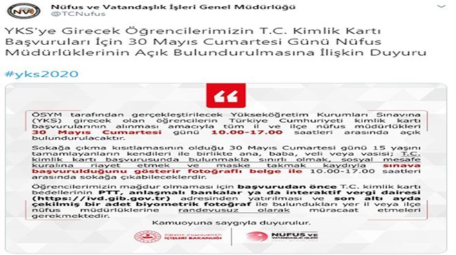 Nüfus müdürlükleri kimlik kartı başvuruları için cumartesi açık olacak