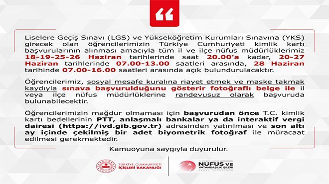 Nüfus müdürlükleri, LGS ve YKS için açık olacak