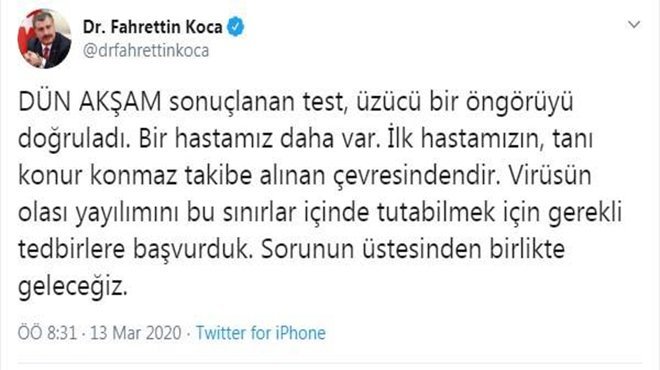 Sağlık Bakanı Koca: Bir kişide daha koronavirüs tespit edildi