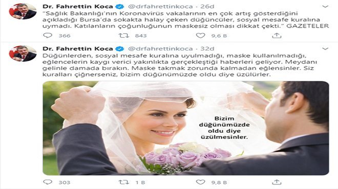 Sağlık Bakanı Koca'dan düğünlerde sosyal mesafe uyarısı