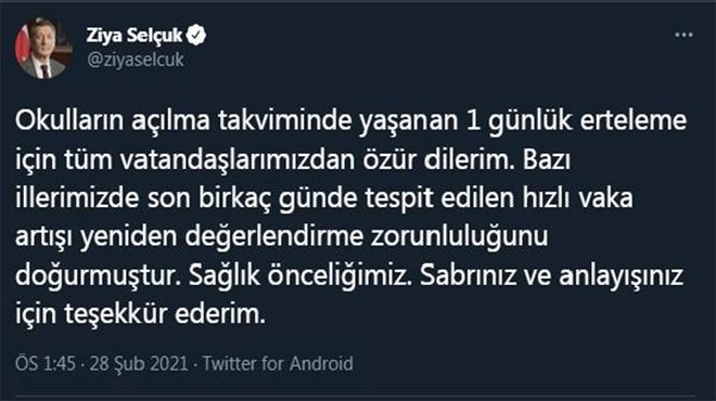 Selçuk: 1 günlük erteleme için özür dilerim