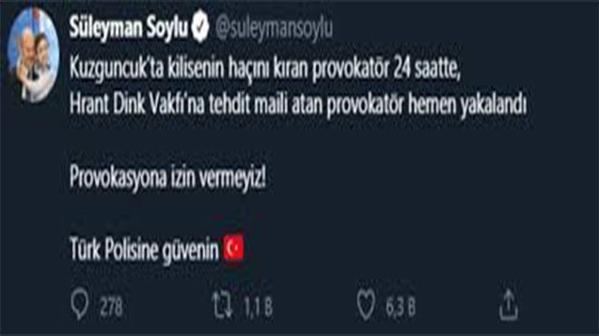 Soylu: Hrant Dink Vakfı'nı Tehdit Eden Provokatör Yakalandı