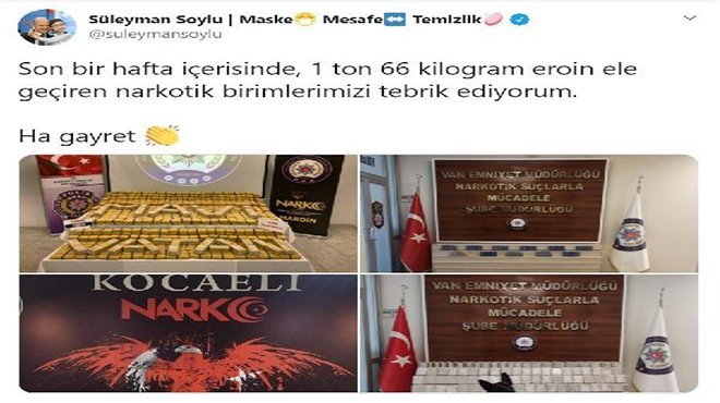 Soylu: Son 1 haftada, 1 ton 66 kilogram eroin ele geçirildi