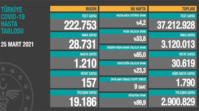 Türkiye'de son 24 saatte 28.731 koronavirüs vakası tespit edildi